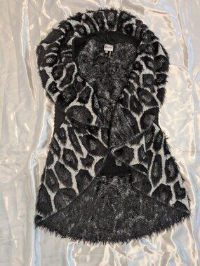 Sioni Black Houndstooth Knit Faux Fur Sleeveless Cardigan BOHO Sz S/M
